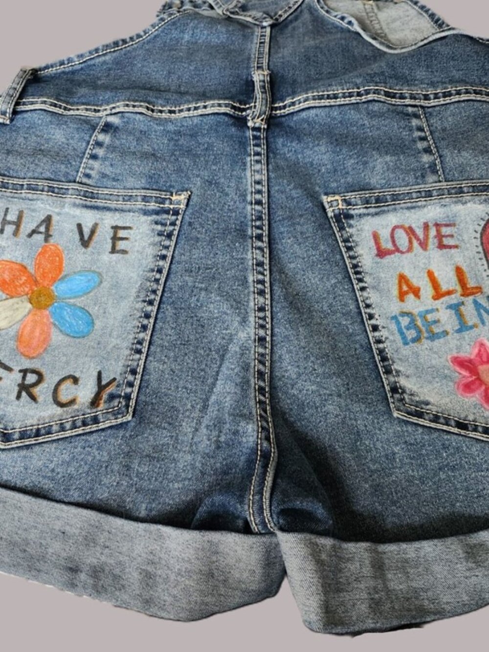 OOAK Hand Painted Vegan Denim Shortalls Upcycled Overalls XS/S - Picture 4 of 8